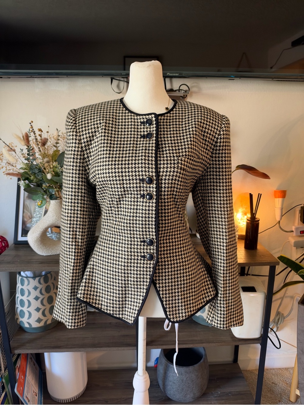 Vintage Kasper A.S.L. Collarless Houndstooth Blazer Jacket